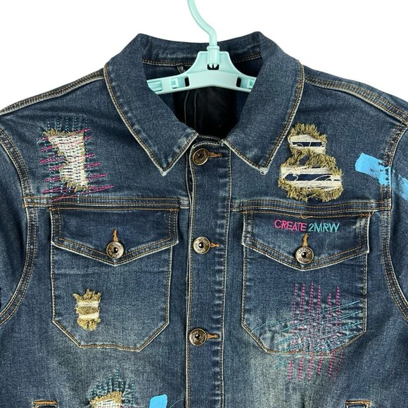 NWT Create 2MRW Men's Blue Denim Jacket Size M Distressed Hand Painted Stretch - Picture 3 of 11